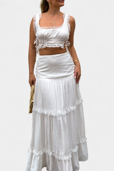 Conjunto Alejandra Romántico de Top con Encaje y Falda Larga Voluminosa