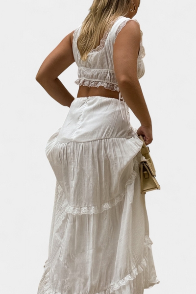 Conjunto Alejandra Romántico de Top con Encaje y Falda Larga Voluminosa