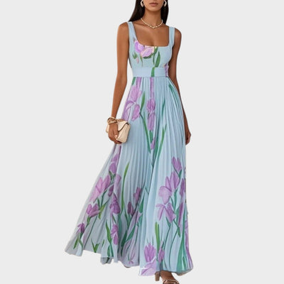 Luxe | Vestido largo plisado con escote cuadrado y flores de gasa