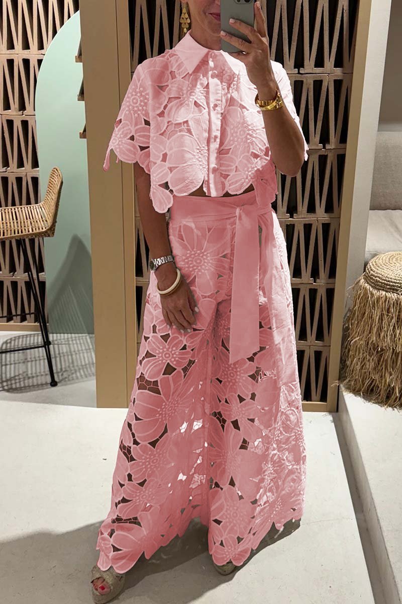 Conjunto Femenino Casual de Blusa de Encaje y Pantalones de Pierna Ancha