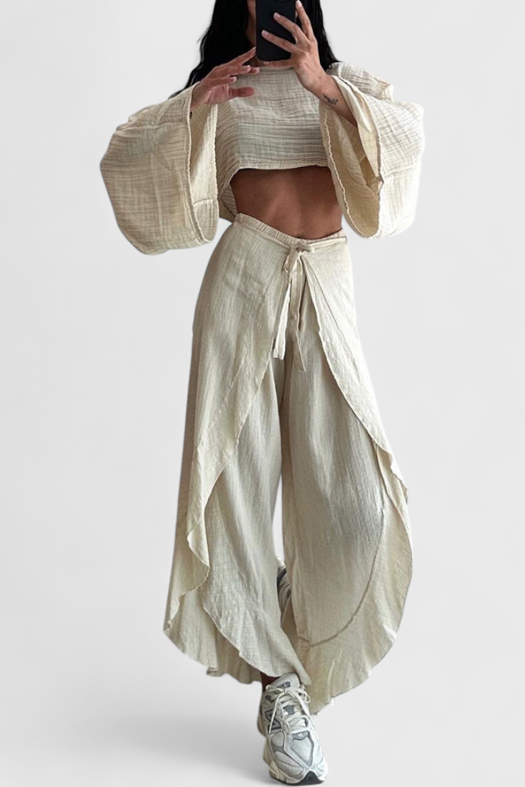 Conjunto Elsie Fluido con Kimono y Pantalón Cruzado