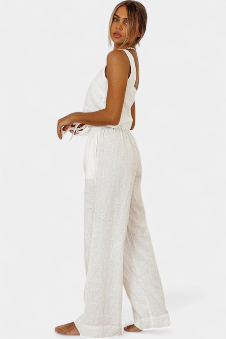 Pascuala | Conjunto de Lino de Dos Piezas con Blusa sin Mangas y Pantalón Fluido