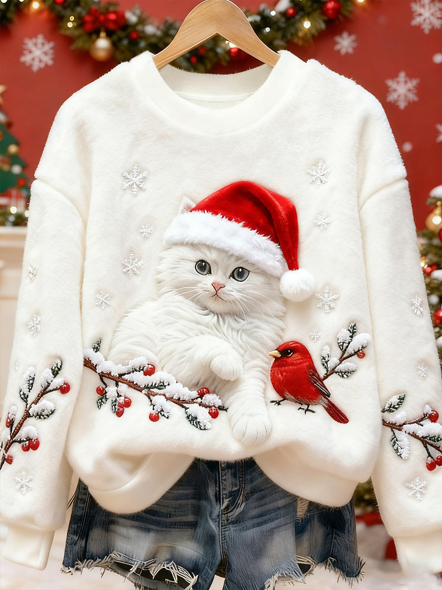 Sudadera casual de franela con impresión artística de un gato navideño lindo para mujer