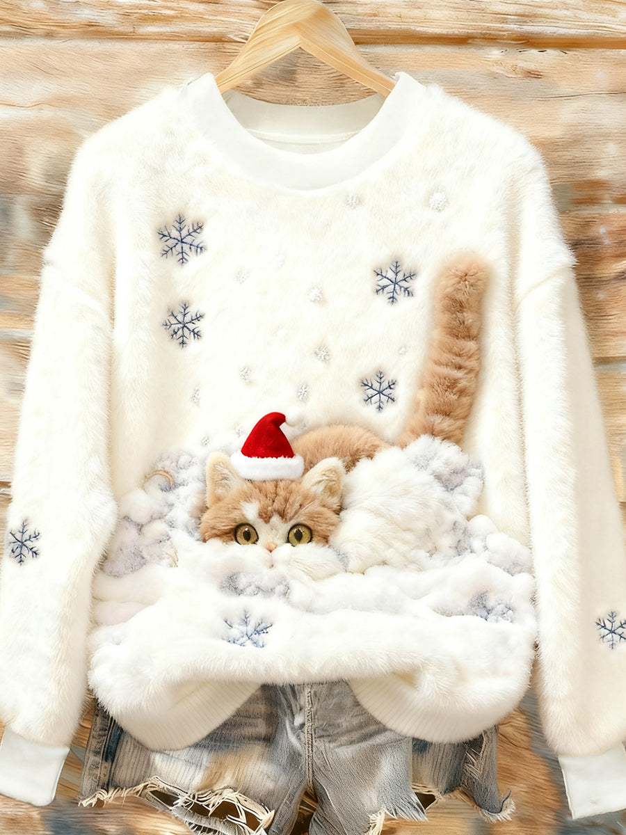 Sudadera informal de felpa con estampado de gato navideño dulce para mujeres