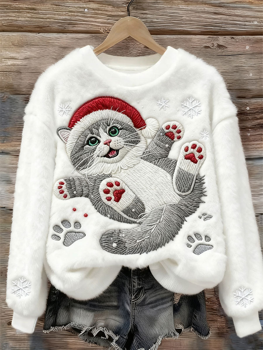 Sudadera casual de franela con impresión artística de gato navideño para mujeres
