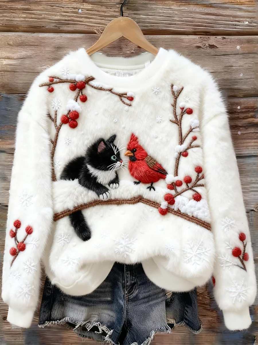 Sudadera de felpa de arte de gato dulce navideño para mujeres