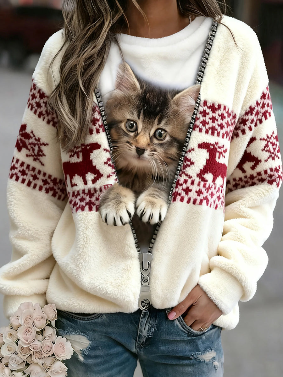 Sudadera de felpa cómoda con estampado de animales navideños retro para mujer