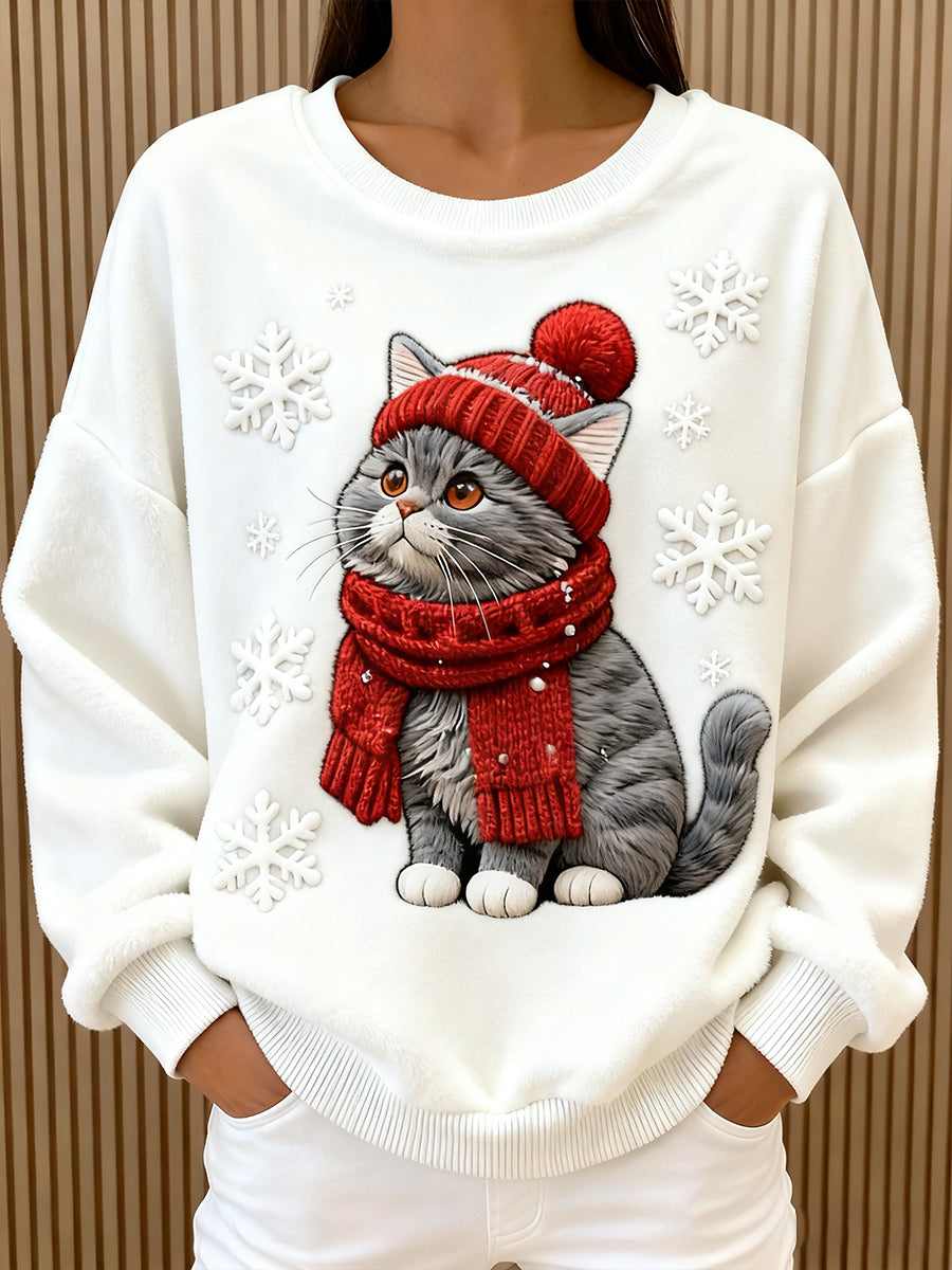 Sudadera con capucha de franela casual con impresión artística de gato navideño para mujer