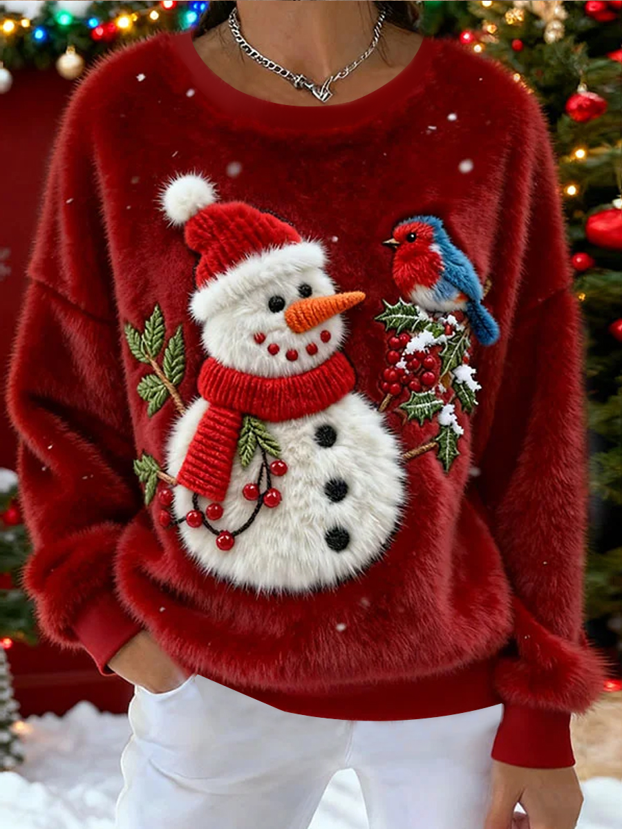 Sudadera con capucha de franela con muñeco de nieve y aves de Navidad para mujeres