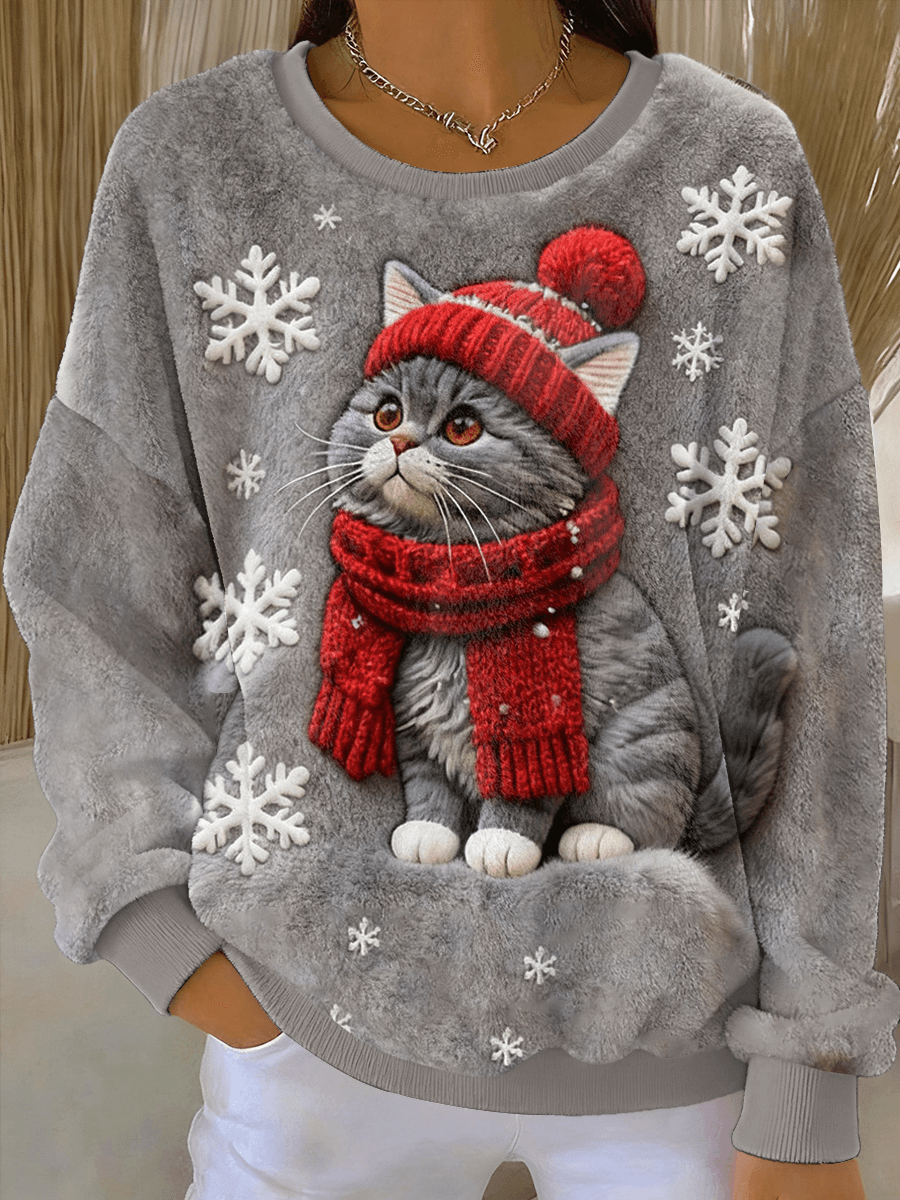 Sudadera con capucha de franela casual con impresión artística de gato navideño para mujer